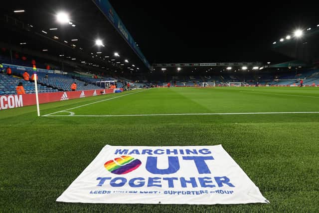 A Marching Out Together banner on the Elland Road pitch. Pic: George Wood.
