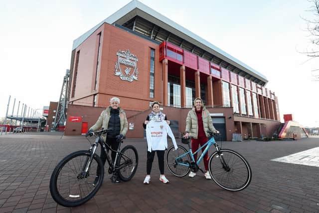 Sue Smith outside Anfield with Leandra Little and Julie Grundy.