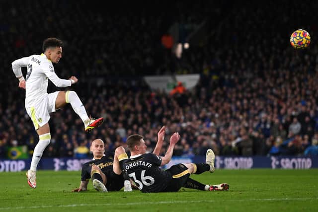 Rodrigo shoots on goal during Leeds United's 1-0 defeat to Newcastle United at Elland Road. Pic: Stu Forster.