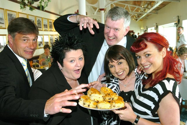 Opening of the Victorian Tea Rooms on Blackpool's North Pier in 2010. North Pier Acts and local entertainers tuck in to the scones. From left, Tony Martin, Carole Kaye, Tony Jo, Lynda McMurray and Leanne Fury