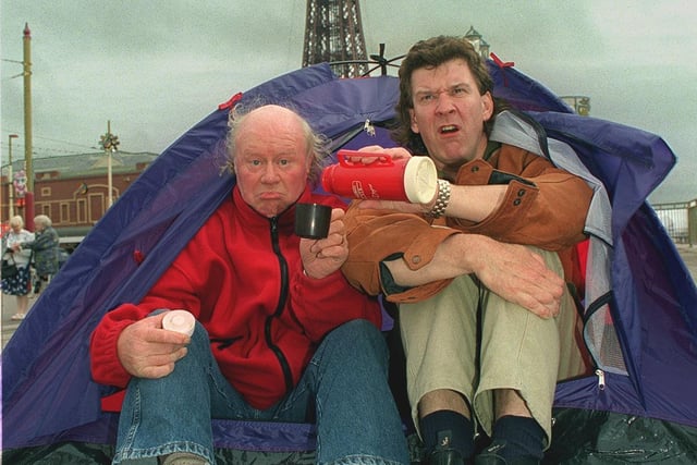 Homeless Grumbleweeds, Graham Walker and Tony Jo camped out on Blackpool promenade.