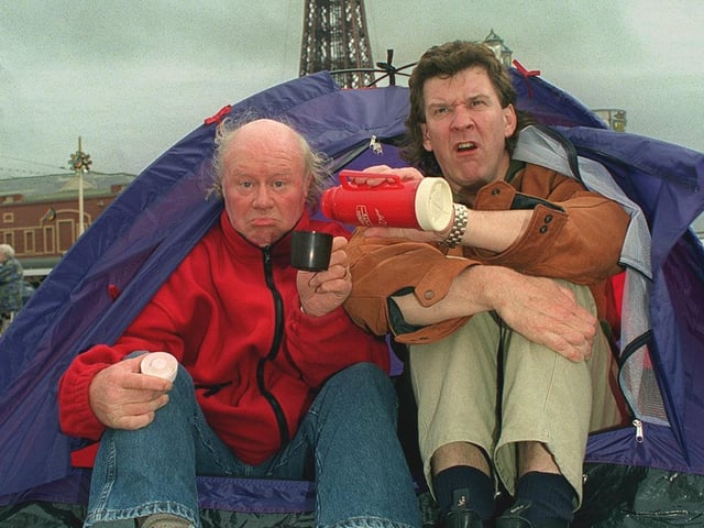 Homeless Grumbleweeds, Graham Walker and Tony Jo camped out on Blackpool promenade.