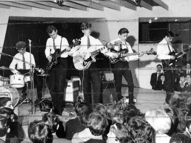 An early shot of the Grumbleweeds on stage in Leeds,1963. They took part in a Best Group in Yorkshire Competition before 2,000 people
