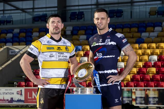 Championship Launch 2022. Chris Clarkson of York with Craig Hall of Featherstone. Picture: Allan McKenzie/SWpix.com