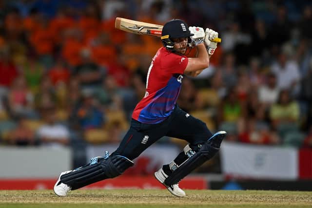 BIG HITTER: England's Phil Salt hits another boundary West Indies during his knock of 57 yesterday. Picture: Gareth Copley/Getty Images.