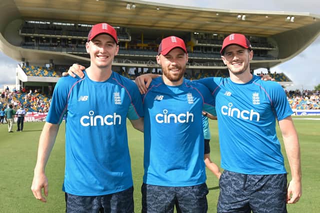 FRESH BLOOD: England debutants Harry Brook, Phil Salt and George Garton ahead of the T20 International against the West Indies at Kensington Oval. Picture: Gareth Copley/Getty Images.