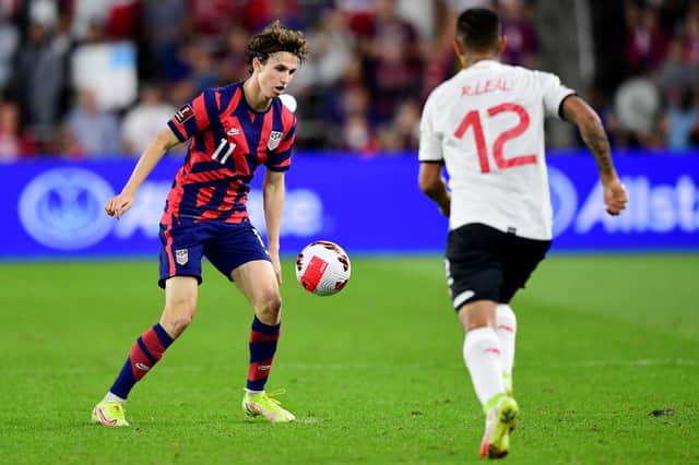 WANTED: Leeds United are hoping to sign Red Bull Salzburg's US international midfielder Brenden Aaronson, left, be it in the January window or in the summer.  Photo by Emilee Chinn/Getty Images.