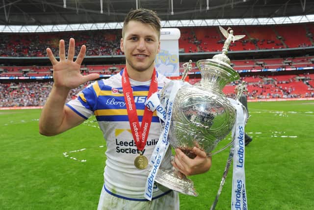 Tom Briscoe celebrates his five tries in Rhinos' 2015 Challenge Cup final win over Hull KR. Picture by Steve Riding.