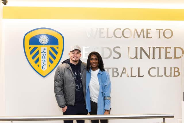 Stacey Daniel with Leeds United player Kalvin Phillips at Elland Road. Pic: Leeds United