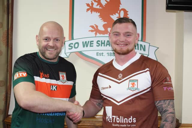 Josh Jordan-Roberts - right, with coach Alan Kilshaw - could make his Hunslet debut on Sunday. Picture by Hunslet RLFC
