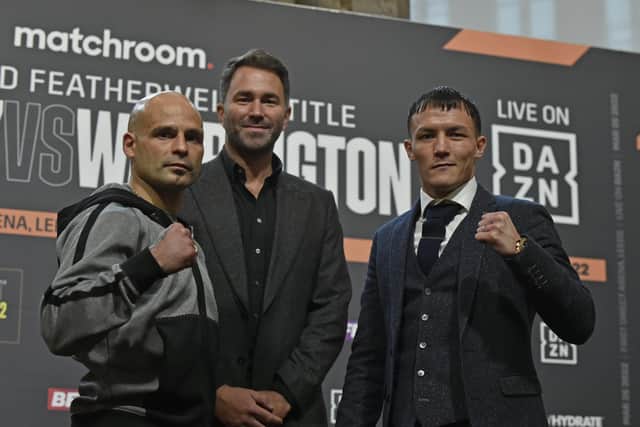 HEAD TO HEAD: Josh Warrington, right, and Kiko Martinez, left, are pictured with promoter Eddie Hearn at a press conference today ahead of their fight in Leeds on March 26. Picture: Steve Riding.