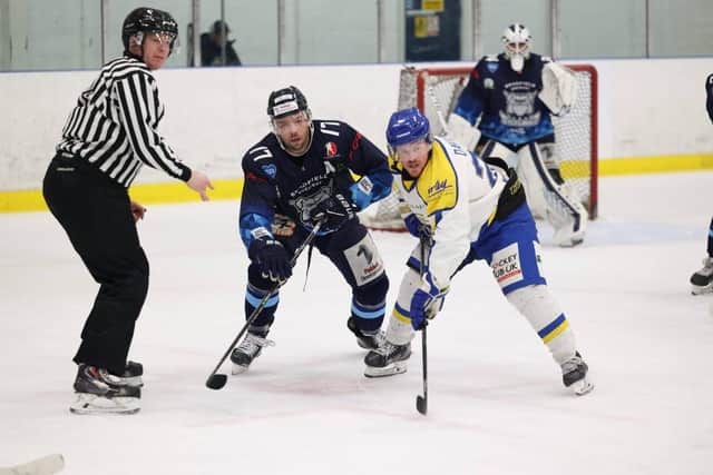 Jason Hewitt, left, was instrumental in Sheffield Steeldogs beating Leeds knights 3-2 at Ice Sheffield last Sunday. Picture courtesy of Peter Best .
