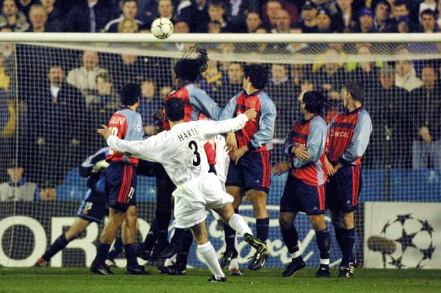 Ian Harte fires home a free kick to opening the scoring against Deportivo La Coruna during the Champions League quarter-final first leg clash at Elland Road in April 2001. PIC: Getty