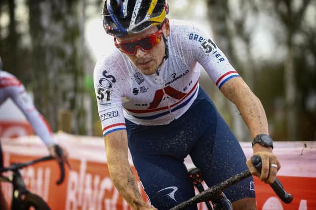 Man of many talents: Tom Pidcock of Leeds caked in mud competes in World Cup cyclo-cross events in Holland earlier this winter (Picture: CorVos/SWpix.com)