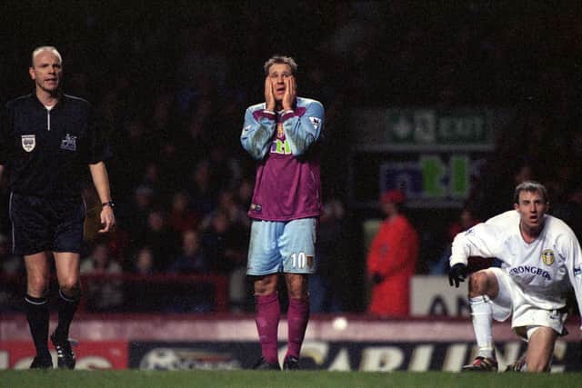 UNBELIEVABLE JEFF: Paul Merson, centre, and Whites star Lee Bowyer, right, look on after Merson's shot rockets back off the post in Aston Villa's 2-1 defeat at home to Leeds United of January 2001. Picture by Stu Forster/Allsport via Getty Images.