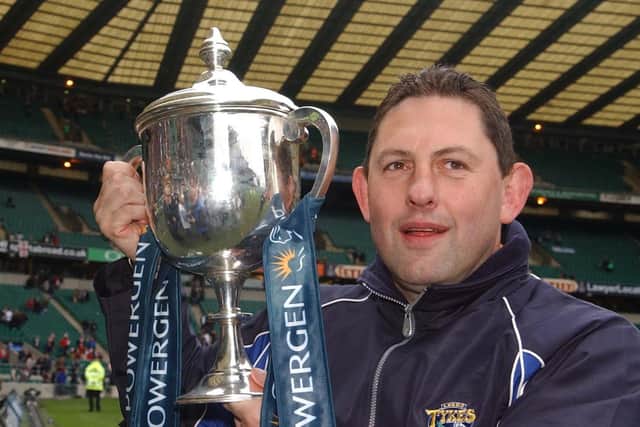 Leeds Tykes coach Phil Davies with the Powergen Cup. Picture: Gerard Binks