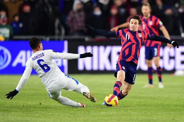 QUANDARY: Over Leeds United's January target Brenden Aaronson, right, pictured in action for the USA this weekend against El Salvador in Columbus, Ohio. Photo by Emilee Chinn/Getty Images.