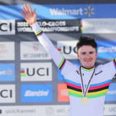 Tom Pidcock on the podium after winning the 2022 Walmart UCI Cyclo-cross World Championships - Elite Men - in Fayetteville, Arkansas, USA. Picture: Alex Whitehead/SWpix.com.