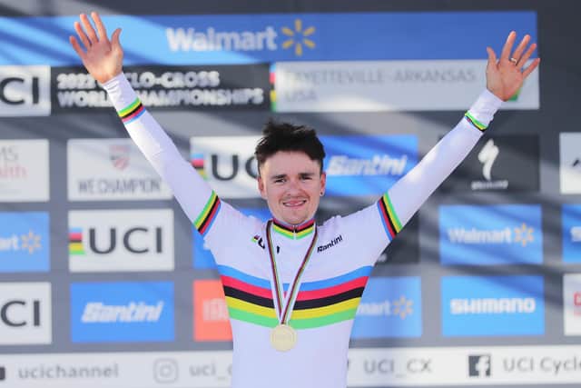 Tom Pidcock on the podium after winning the 2022 Walmart UCI Cyclo-cross World Championships - Elite Men - in Fayetteville, Arkansas, USA. Picture: Alex Whitehead/SWpix.com.