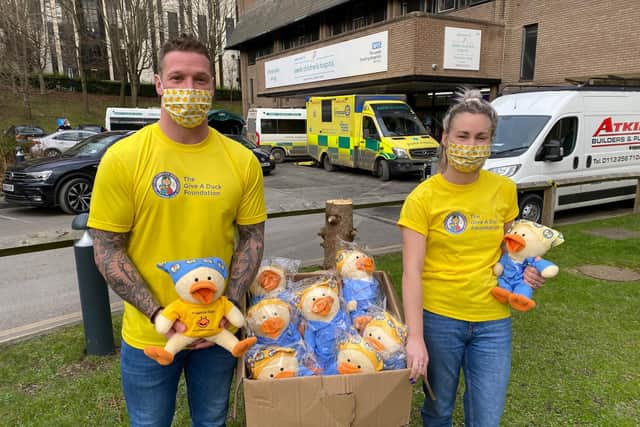 Paul and Jodie Brown with the duck donation at Leeds Children's Hospital.