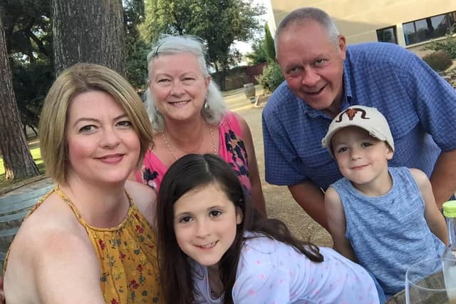Kathryn de Prudhoe (left), a psychotherapist from Leeds with her family, she lost her father Tony Clay (back right) to Covid in April
