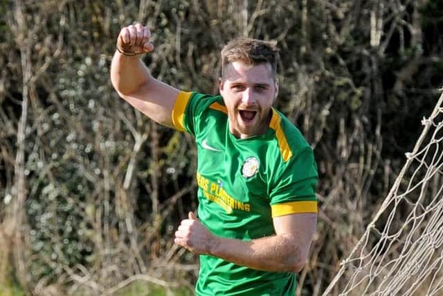 Josh Maskill celebrates his second goal for Main Line Social in their 5-3 Sanford Cup quarter-final win over Whitkirk Wanderers. Picture: Steve Riding.