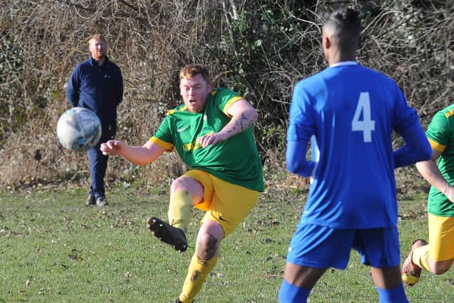 James Allan scores for Main Line Social in the 5-3 Sanford Cup quarter-final win over Whitkirk Wanderers. Allan also scored from the penalty spot. Picture: Steve Riding.
