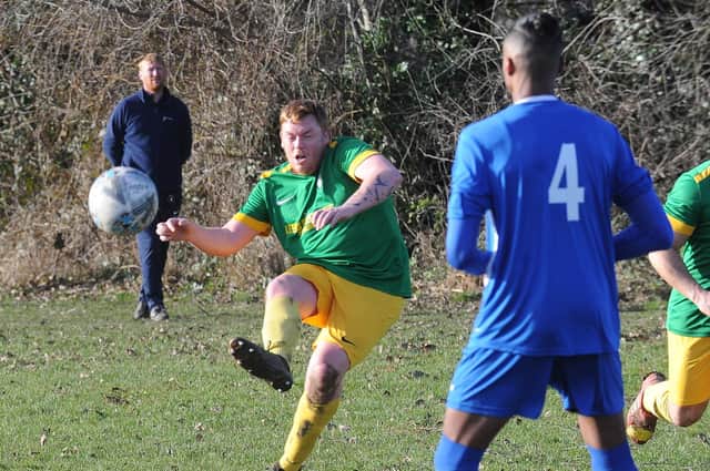 James Allan scores for Main Line Social in the 5-3 Sanford Cup quarter-final win over Whitkirk Wanderers. Allan also scored from the penalty spot. Picture: Steve Riding.