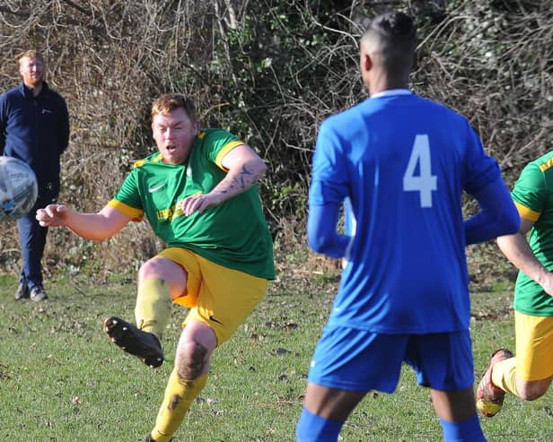 James Allan scores for Main Line Social in the 5-3 Sanford Cup quarter-final win over Whitkirk Wanderers. Allan also scored from the penalty spot. Picture: Steve Riding.