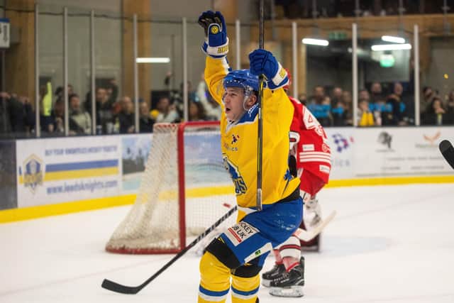 Kieran Brown celebrates his second goal against Swindon Wildcats in the second leg of the Autumn Cup Final in front of a sold out Elland Road rink. Picture: Bruce Rollinson