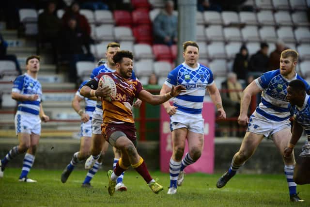 Batley's Jonny Campbell in action against Halifax last weekend. Bulldogs will host either Royal Navy or York Acorn in Challenge Cup round four. Picture by James Hardisty.