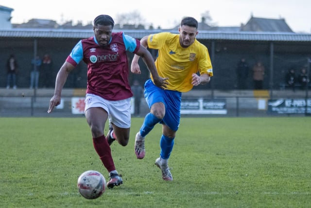 James Ngoe powers forward on attack for Emley against Albion Sports. Picture: Mark Parsons