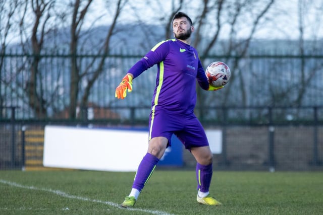 Albion Sports' former Emley goalkeeper George Clarke looks to distribute. Picture: Mark Parsons