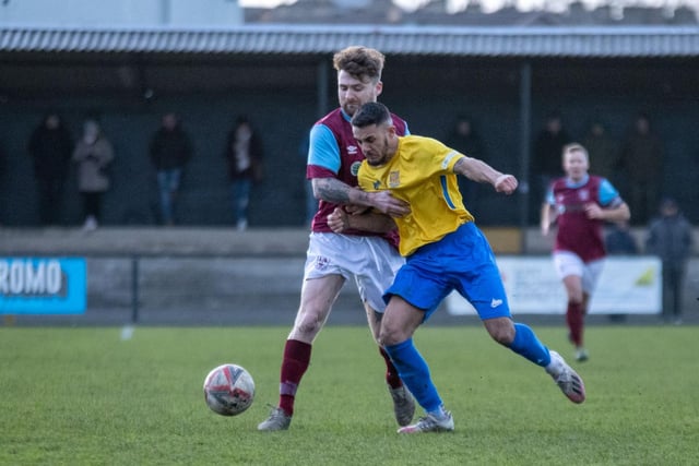 Players battle for the ball in Emley's game at Albion Sports. Picture: Mark Parsons