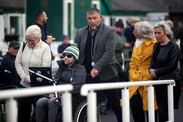Off and running: Leeds Rhinos great Rob Burrow and former team-mate Barrie McDermott were at Catterick to see Burrow Seven run for the first time last month. The gelding is due to race at Wetherby today. Picture: Simon Marper/PA Wire.