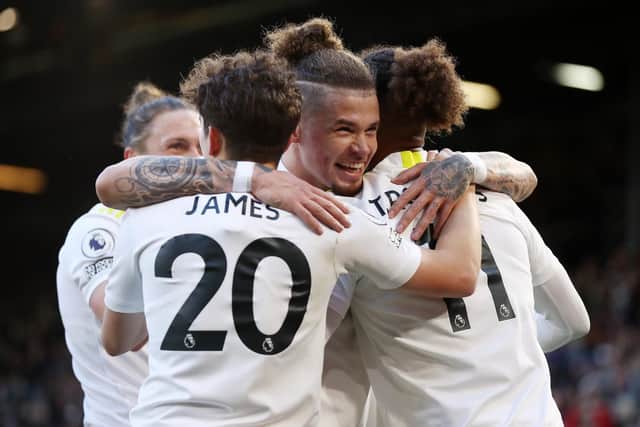 Leeds United's Kalvin Phillips celebrates with teammates. Pic: Getty