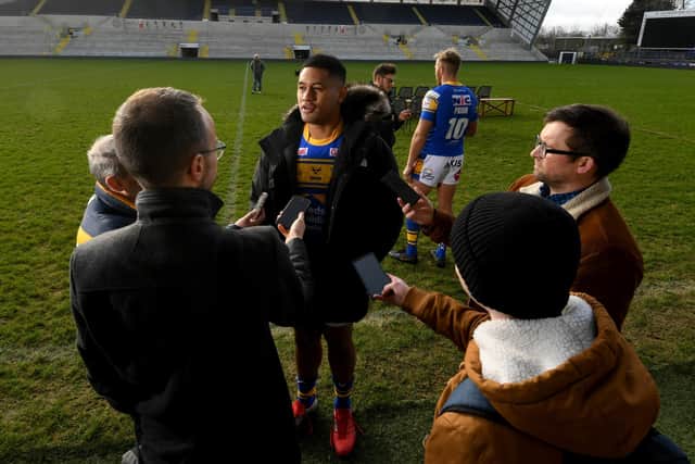 IN DEMAND: David Fusitu'a chats with the media at Leeds Rhinos' photo call on Tuesday. Picture: Simon Hulme.