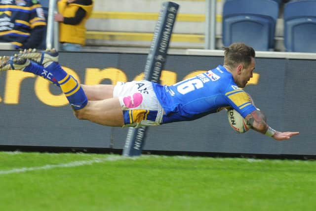 Richie Myler goes over to score in Tom Briscoe's testimonial game against Hull FC. Picture: Steve Riding.