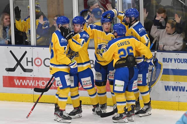 KEEP IT ROLLING: Leeds Knights’ players have hit a run of good form as they look to secure a place in the NIHL National play-offs. Inset, stand-in captain and centre Matty Davies. Picture: Bruce Rollinson