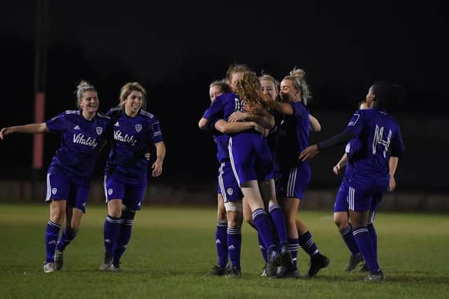 Leeds United Women celebrate Katie Ramsden's equaliser against Barnsely at Wombwell. Pic: LUFC.