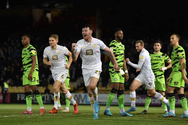 Ryan Edmondson puts Port Vale ahead against Forest Green Rovers. Pic: Nathan Stirk.