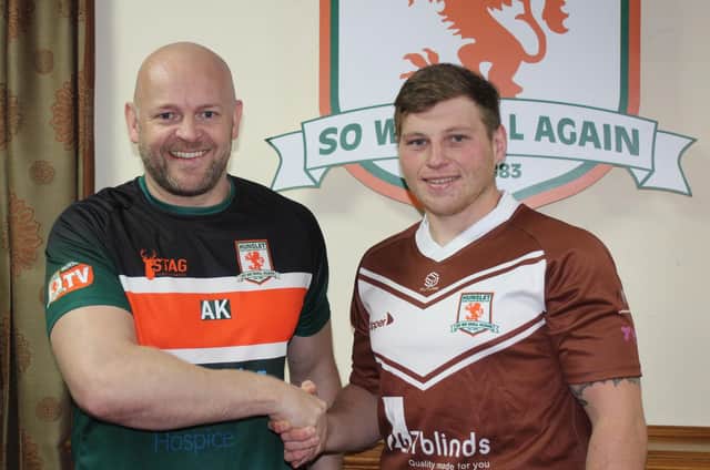 Hunslet's Jordan Syme, pictured with coach Alan Kilshaw, is a former Siddal player. Picture by Hunslet RLFC.