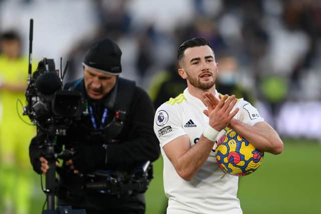 Leeds United's Jack Harrison salutes supporters after scoring a hat-trick at West Ham. Pic: Getty