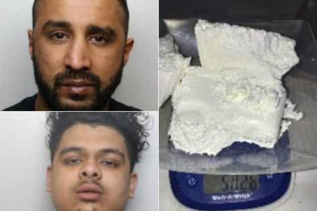 Mohammed Louqman Dad, above, and Hassan Ahmed, below, with a picture of the cocaine analysed by police (Photos: WYP)