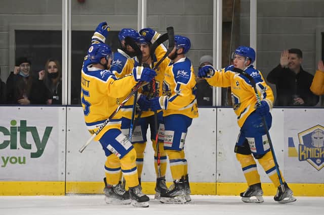 Kieran Brown, pictured celebrating scoring in the recent 4-3 win over Sheffield Steeldogs, is a key piece of the Leeds Knights jigsaw for next season Picture: Bruce Rollinson