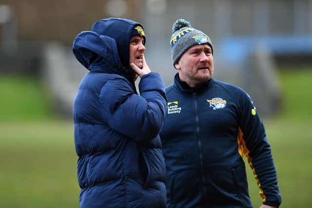 Rhinos boss Richard Agar, left, with under-16s coach Mark Butterill. Picture by Jonathan Gawthorpe.