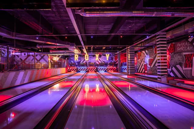 The basement area boasts 10 bowling lanes