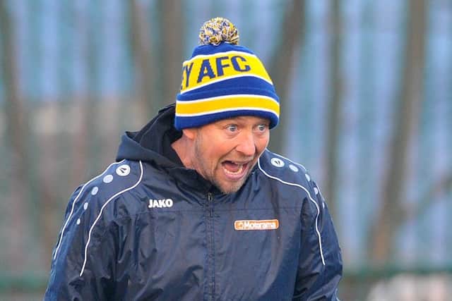 Guiseley joint-manager Russ O'Neill was delighted with his side's 1-0 home victory over Darlington on Saturday. Picture: Steve Riding.