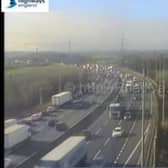There are major delays on the M62 following the crash near Leeds (Photo: motorwaycameras.co.uk)