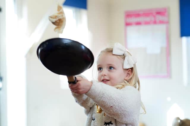 This year Easter is on Sunday 17 April, meaning that Shrove Tuesday is on Tuesday 1 March. Pictured is Freya at Little People Nursery's 2020 Pancake Day celebrations. Photo: John Clifton